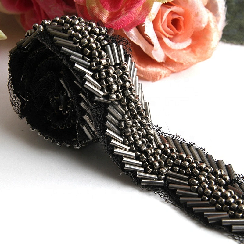 Fashion black color handmade pearl beaded rhinestoneslace trim designs sewing on garments