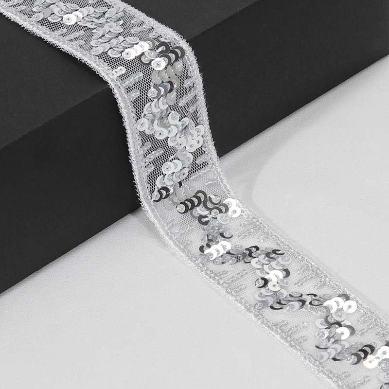 Stock Stylish White V Letter Shape Tulle Sequin Beaded Lace Trim
