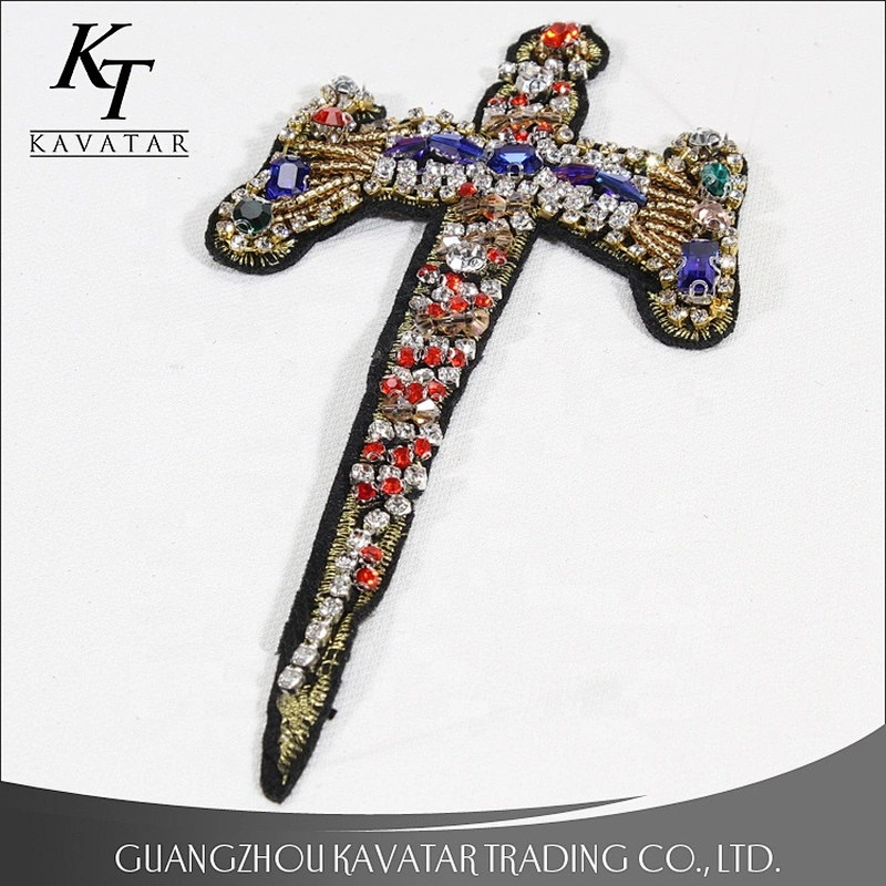 Handmade Beaded Cross Rhinestones Crystal Sword Design Patches Badge Applique Clothing Decorated Sewing Supplies