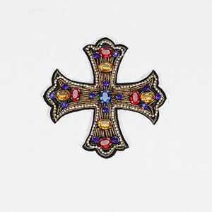 Kavatar Bead Heavy Embroidery Applique Rhinestone Large Cloth Sew Decorative Accessories Cross Patch