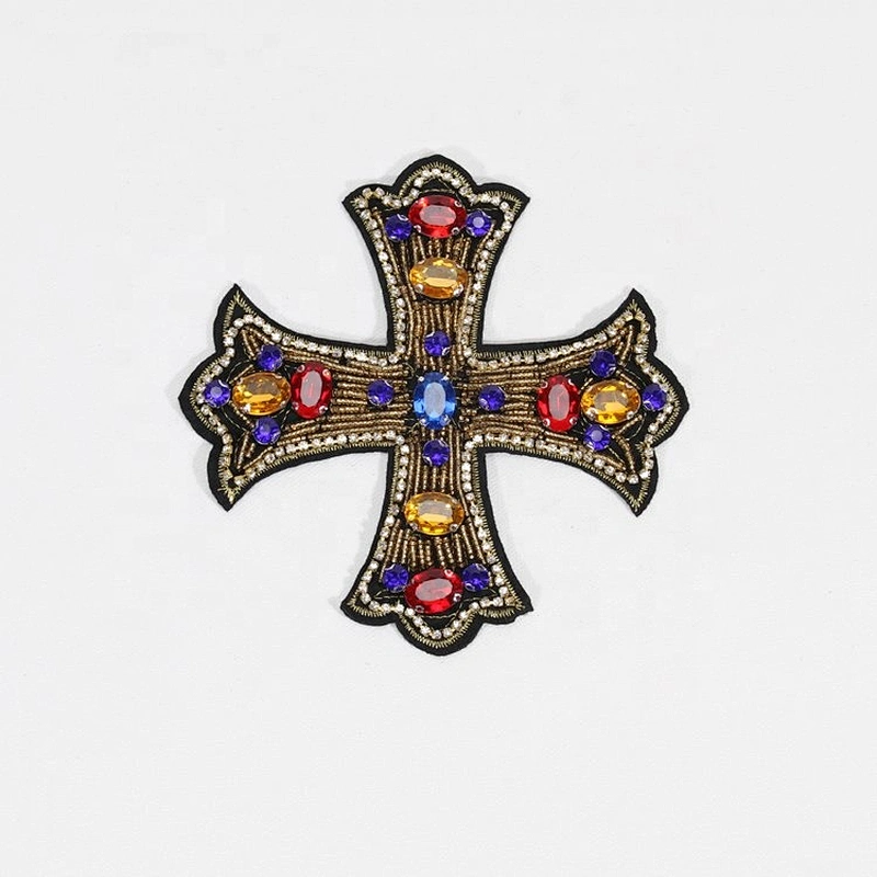 Kavatar Bead Heavy Embroidery Applique Rhinestone Large Cloth Sew Decorative Accessories Cross Patch