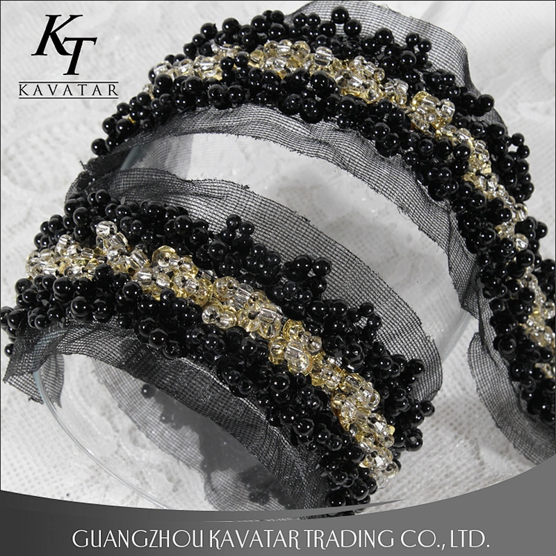High quality black beaded lace mesh tape with crystal sewed handmade