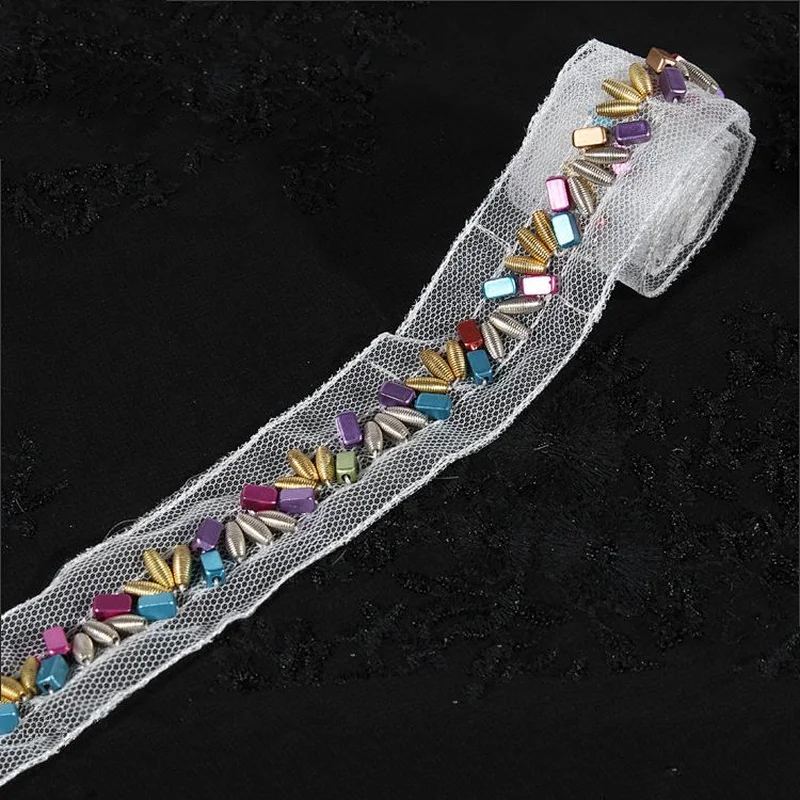 Beautiful colorful screw Copper beaded lace mesh decoration for garment