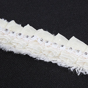 White polyester ruffle lace pleated trim ribbon with bead