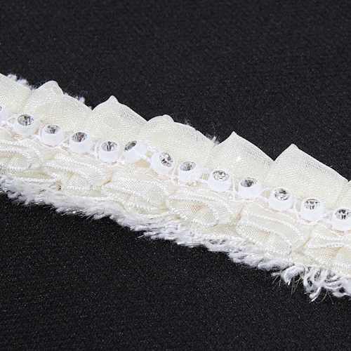 White polyester ruffle lace pleated trim ribbon with bead
