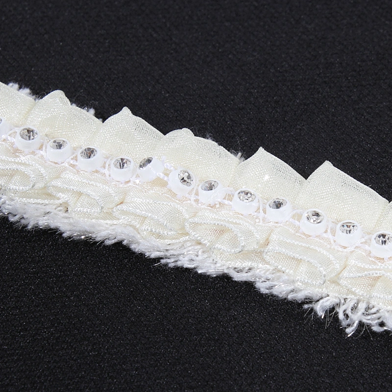 White polyester ruffle lace pleated trim ribbon with bead