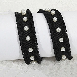 Hot selling custom wholesale black polyester ribbons with pearl trim for decoration