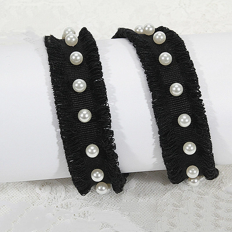 Hot selling custom wholesale black polyester ribbons with pearl trim for decoration