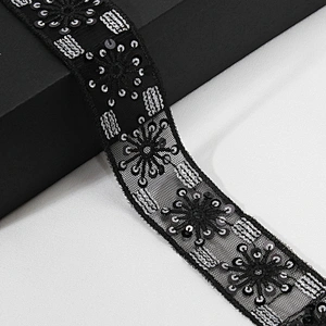 Vogue Floral Pattern Tulle Lace Black Sequin Trim
