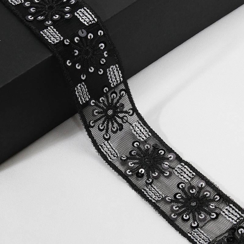Vogue Floral Pattern Tulle Lace Black Sequin Trim