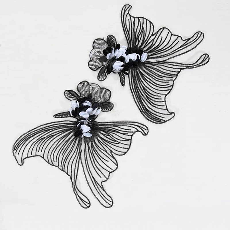 Sequin Lace Patches Beaded Applique On Clothing Black Embroidery Patch