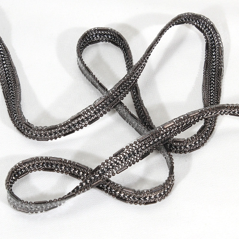 Wholesale Black Copper Chain Plastic Beaded Hotfix Webbing Trimming for Garments Sleeves Dresses Banding