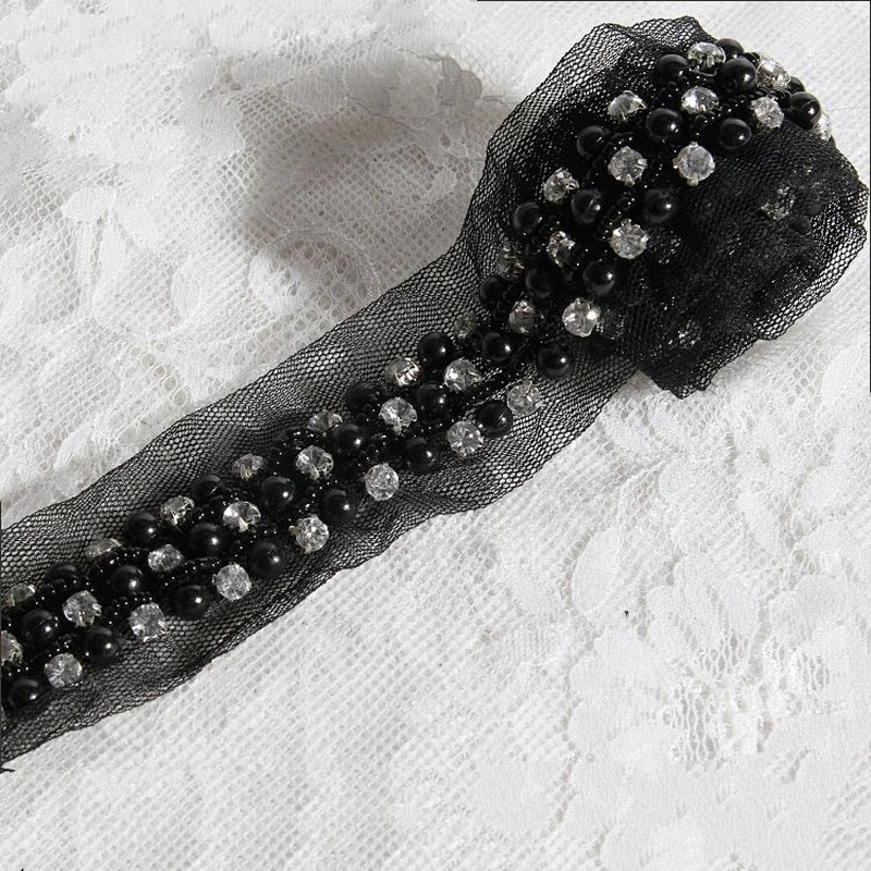 Accessories Claw Rhinestone Black Pearl Beaded Sew On Mesh Lace Trim For Garment