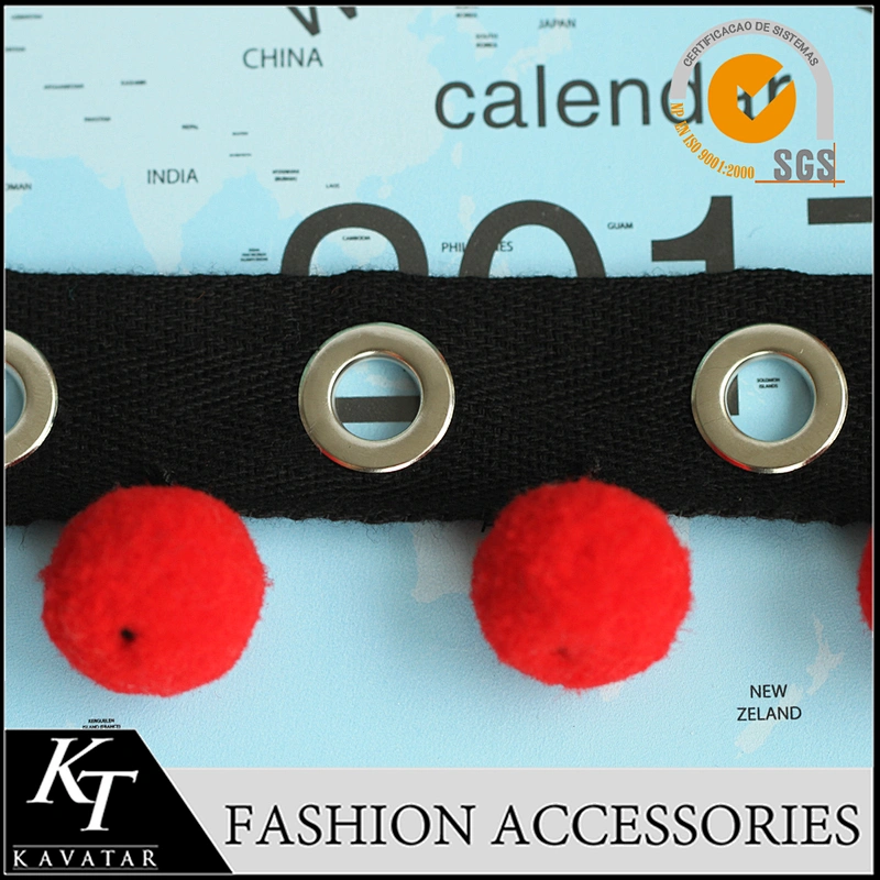 Latest design lace trimming pom pom trim with Copper eyelet for dress