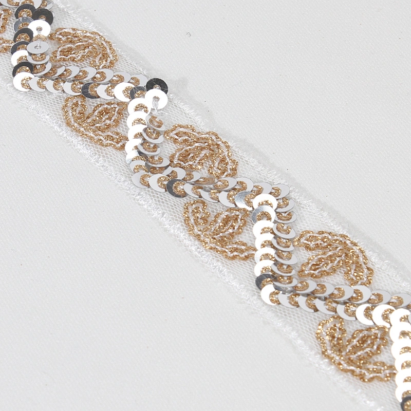 Stock Chic Embroidery Maple Leaf Design Sequin Beaded Tulle Lace Trim