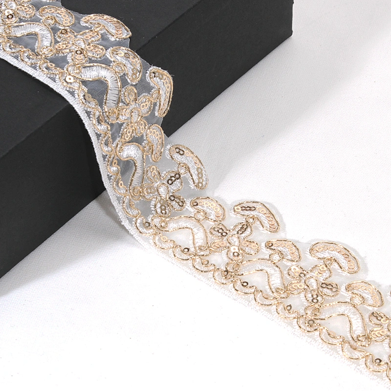 Wholesale Designed Golden Sequin Mesh Edge Lace for Dress Garment Accessories