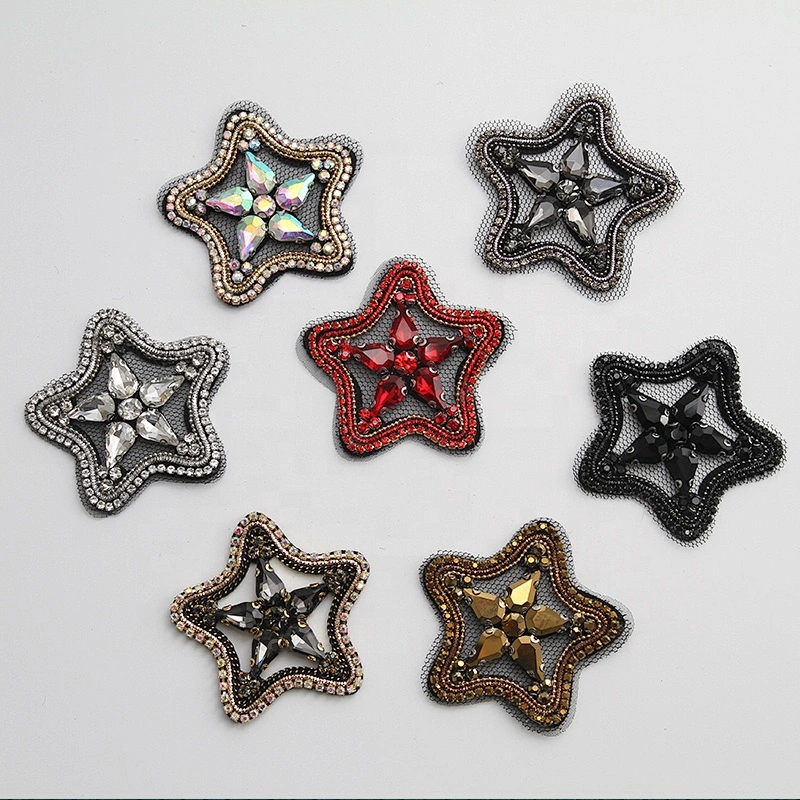 Kavatar Beaded Black/Red/ Gun star rhinestone Patches for women clothing patch Sew on patches