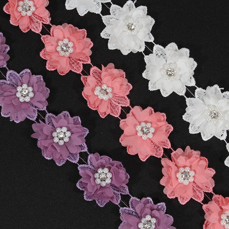 Kavatar supply polyester beaded flower lace trim for dress
