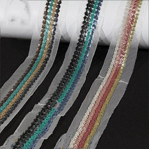 Wholesale Four Rows Sequins Trim Sew On Black Mesh For Decorative Dress