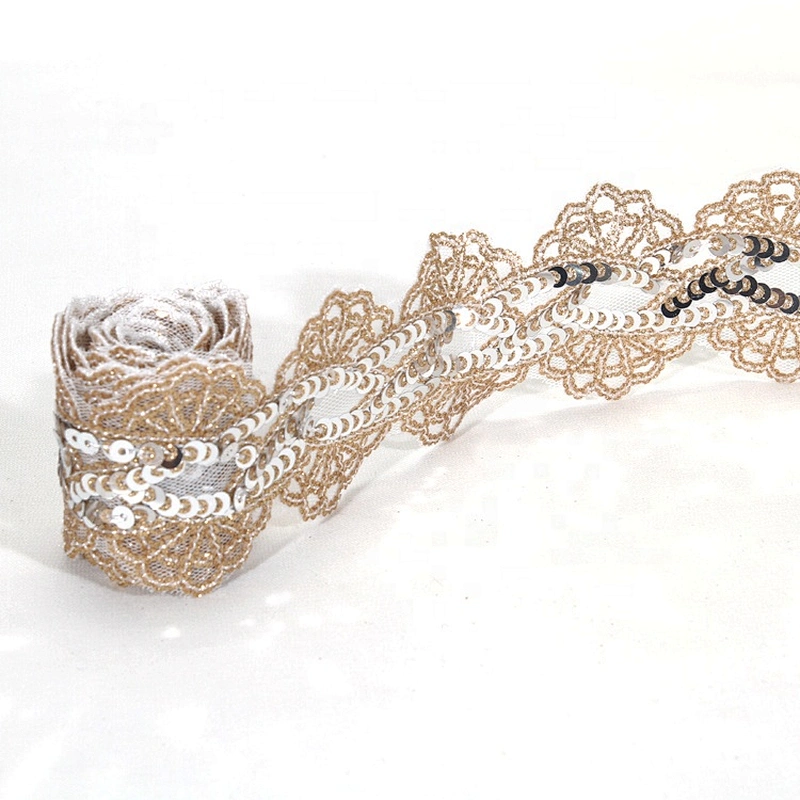 Gold Bridal Floral Pattern Embroidery Sequin Bridal Beaded  Trim