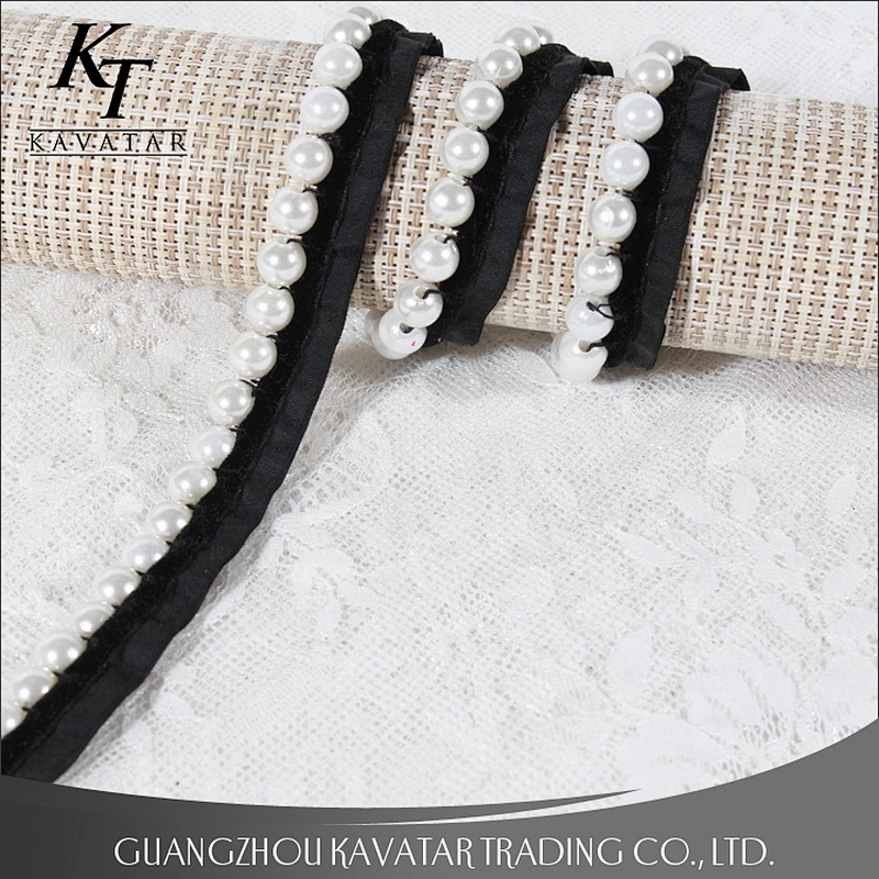 White Pearl Lace Decoration Ribbon Polyester Beaded Trim For Dress