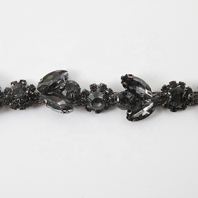 High quantity black rhinestone flower motif crystal rhinestone chain trim