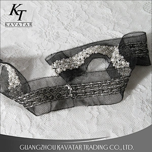 Beautiful White Beaded Lace Black Mesh Design Lace Trim For Decorative Wedding Dress