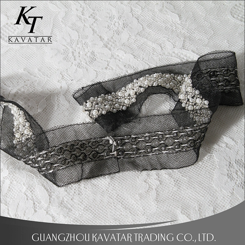 Beautiful White Beaded Lace Black Mesh Design Lace Trim For Decorative Wedding Dress