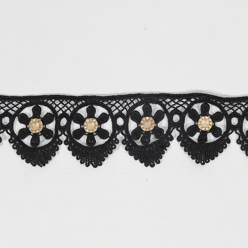 Unique polyester flower lace trim rhinestone gold eyelet knitting eyelet lace