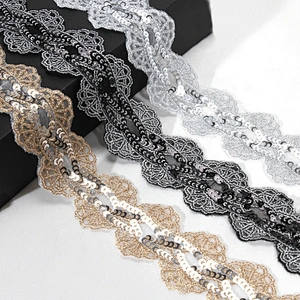 Gold Bridal Floral Pattern Embroidery Sequin Bridal Beaded  Trim