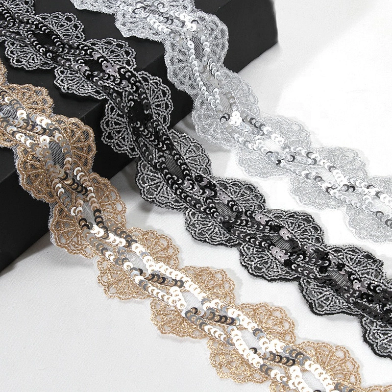 Gold Bridal Floral Pattern Embroidery Sequin Bridal Beaded  Trim