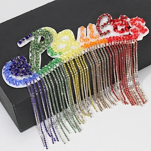 Trendy Iron On Rainbow Color Rhinestone Letter Patch with Beads Fringes