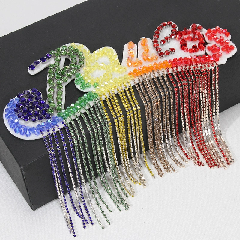 Trendy Iron On Rainbow Color Rhinestone Letter Patch with Beads Fringes
