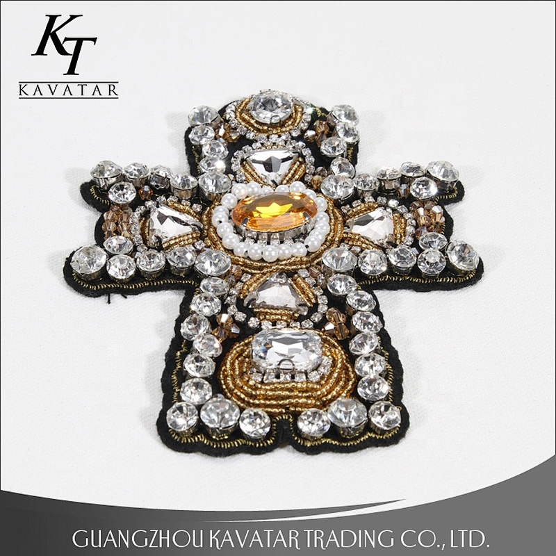 Beaded Crystal Rhinestone Cross Patches Embroidery Patch Applique Stick Water Cross Emblem Garment Accessories