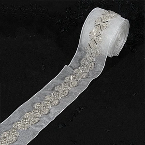White mesh beaded lace trim ribbon for bride dress