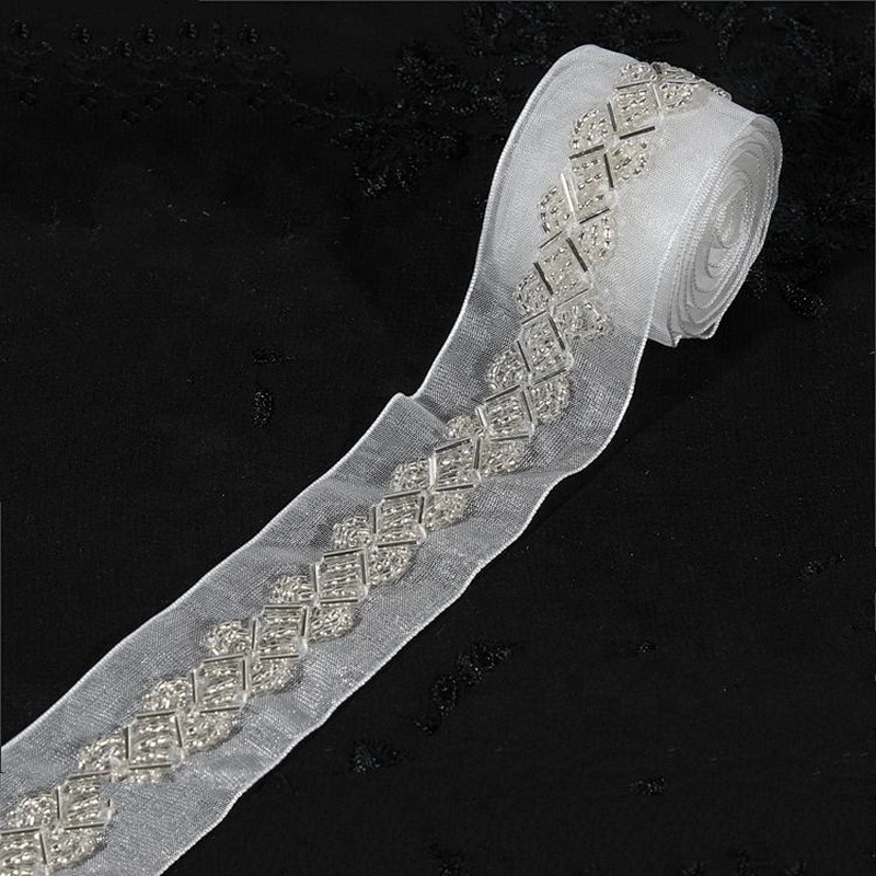 White mesh beaded lace trim ribbon for bride dress