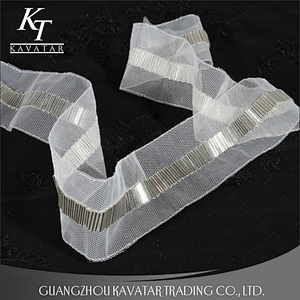 New strip shape beaded embroidery mesh lace trim decorative for bride wedding