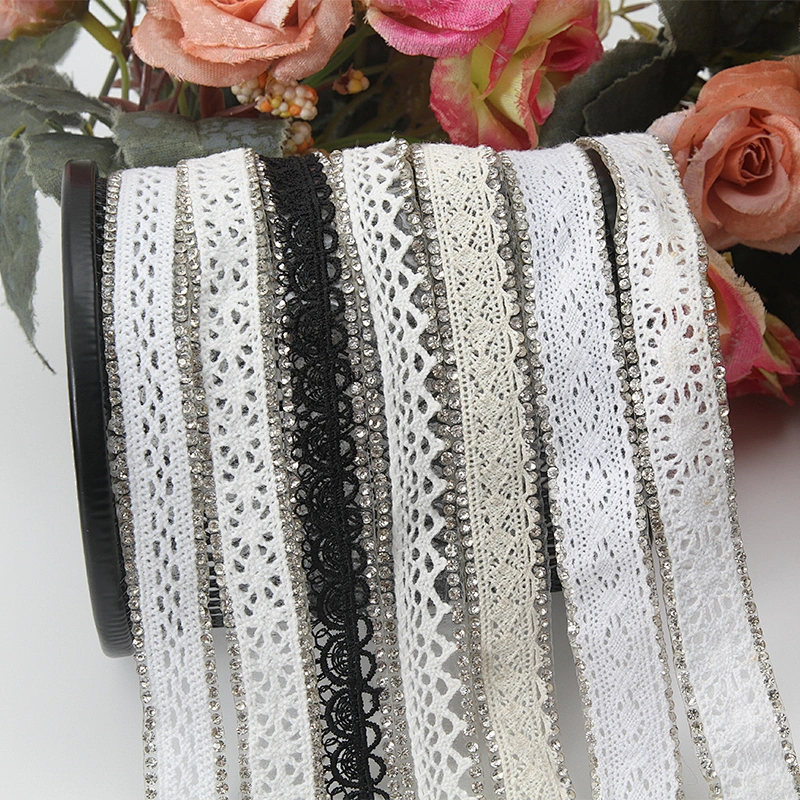 New Design Cotton Lace with Hotfix Rhinestone Transfer Sticker Trim For Women Clothes