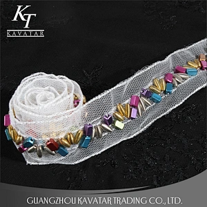 Beautiful colorful screw Copper beaded lace mesh decoration for garment