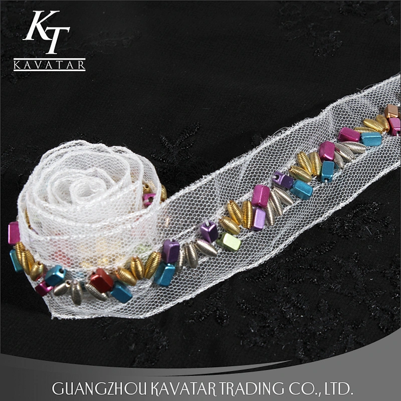 Beautiful colorful screw Copper beaded lace mesh decoration for garment