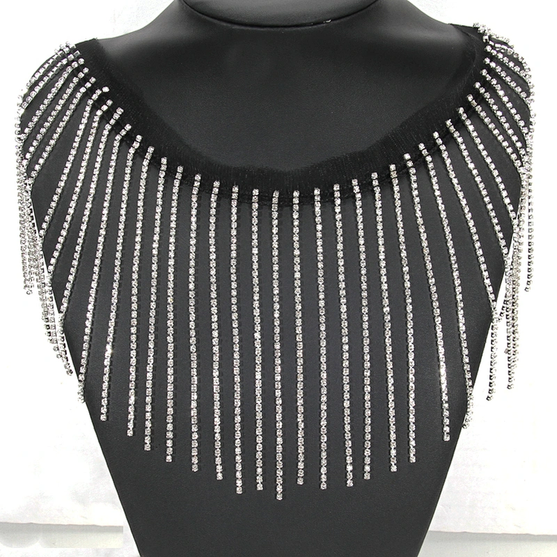 Wholesale Black Polyester Strips Accessories Rhinestone Fringe Tassel Trim for Dress Decoration