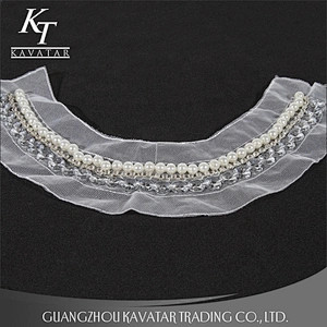 Kavatar Pearl Rhinestone Sew On White Mesh Neckline Trim For garment