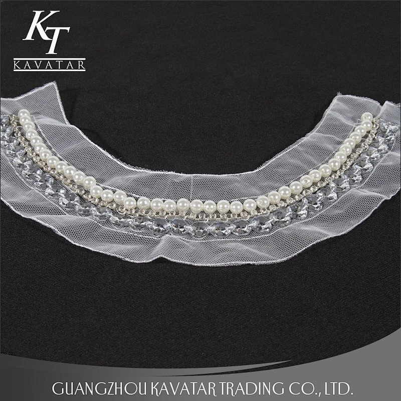 Kavatar Pearl Rhinestone Sew On White Mesh Neckline Trim For garment