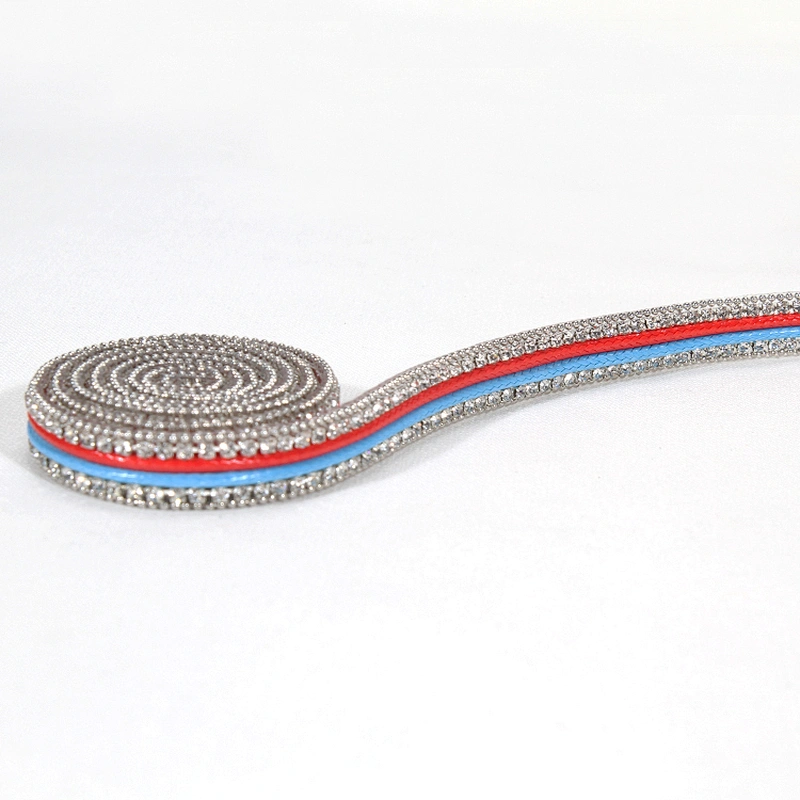 Wholesale 1cm Accessories Beaded Rhinestone Hot Fix Trimming with Red Blue Polyester Strips
