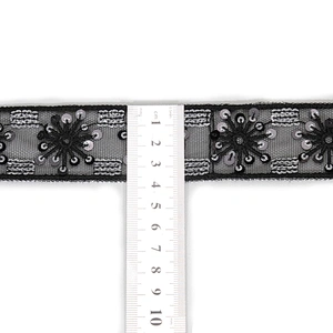 Vogue Floral Pattern Tulle Lace Black Sequin Trim