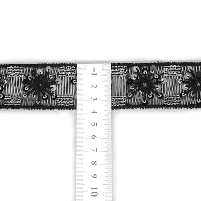 Vogue Floral Pattern Tulle Lace Black Sequin Trim