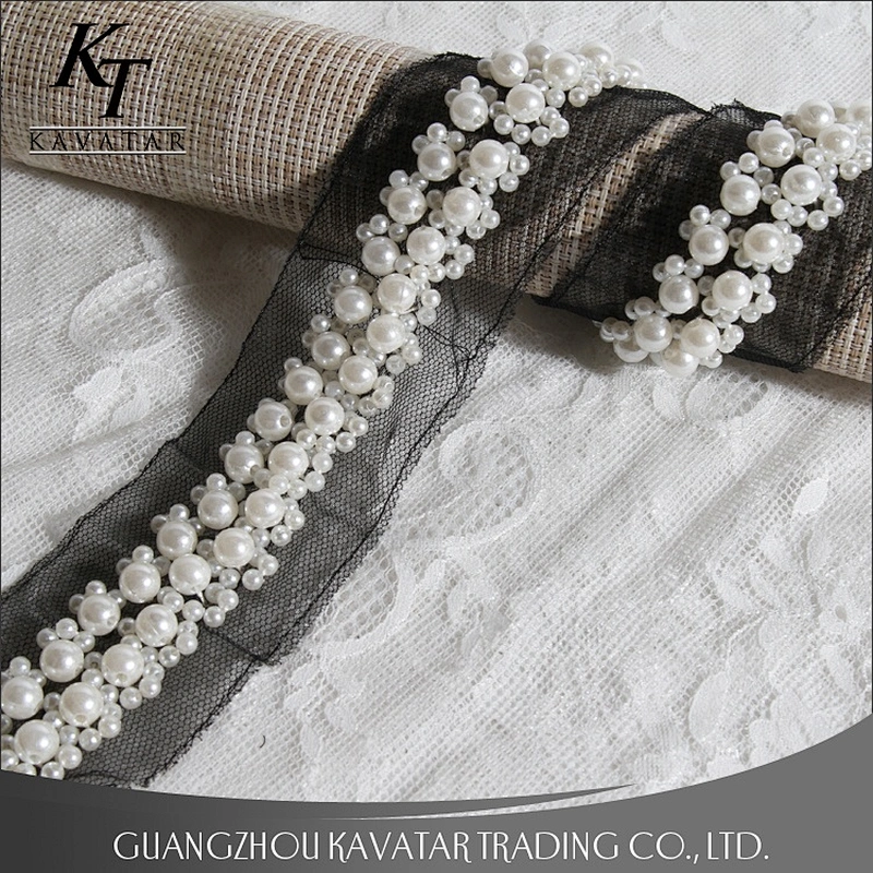 Kavatar Strung Together Sew On Mesh Beads Cyrstal Rhinestone Pearl Lace Trim