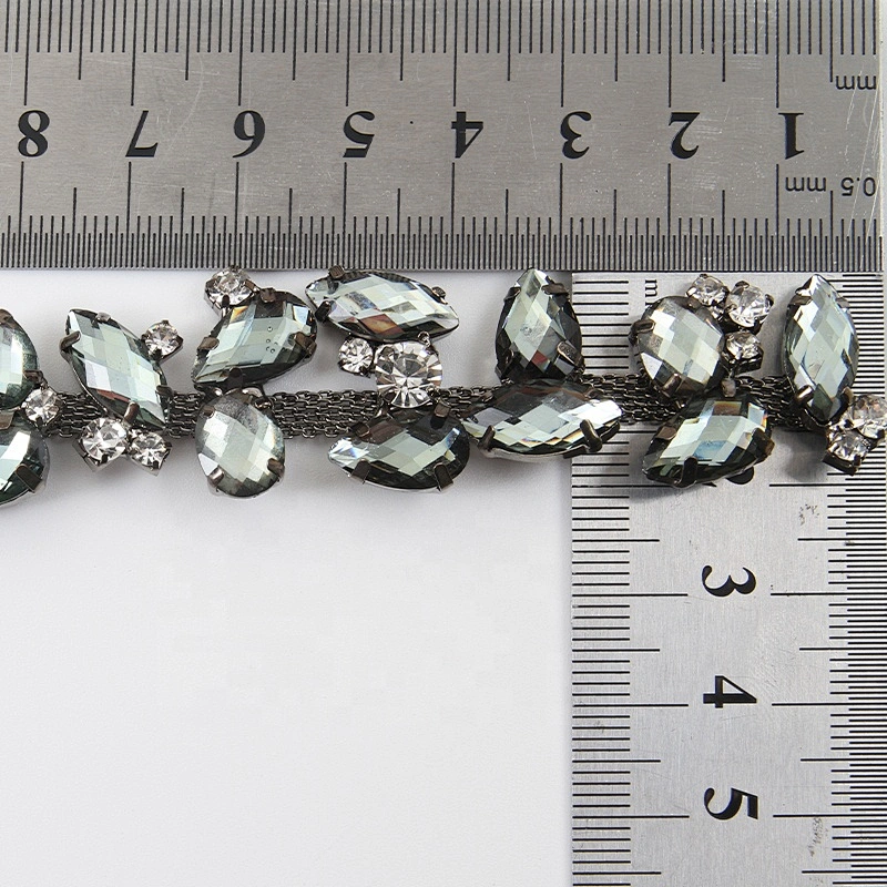 Leaves Rhinestone Chain Trim Ribbon Grey Diamond Crystal Applique Hair Accessory Bridal Sash Sewing on Wedding Dress Decor