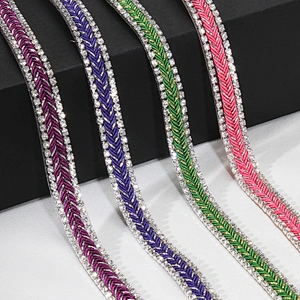 1cm Beautiful Multicolor Rhinestone Edged Hotfix Transfer Bullion Herringbone Webbing Tape