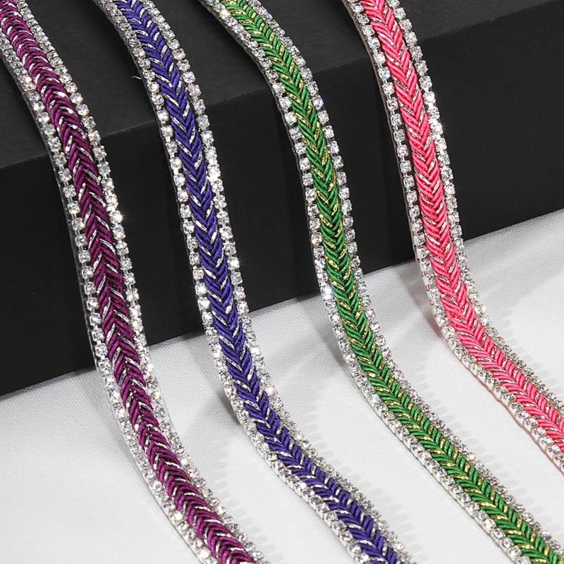 1cm Beautiful Multicolor Rhinestone Edged Hotfix Transfer Bullion Herringbone Webbing Tape